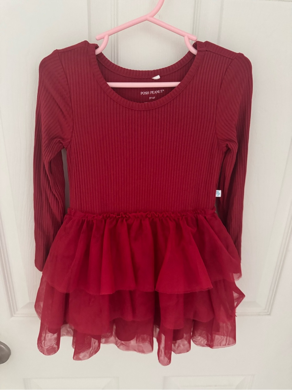 Posh Peanut Wine Red Long Sleeve Tulle Dress Top
